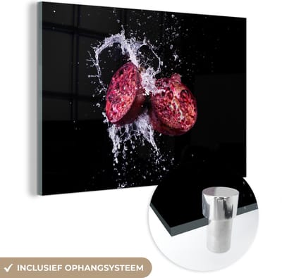 MuchoWow® Glasschilderij 150x100 cm - Schilderij acrylglas - Granaatappel - Fruit - Water - Zwart - Paars - Foto op glas - Schilderijen