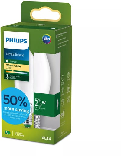 Philips UltraEfficient LED lamp - 25W - E14 fitting - Warmwit licht: 2700K - Mat glas - B35 kaarslamp - Lange levensduur