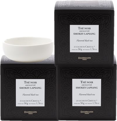 Dammann Frères - 3 x Smokey Lapsang 25 cristal zakjes - zwarte thee - gerookte smaak - Gezonde Lapsang Souchong - Met gratis schaaltje