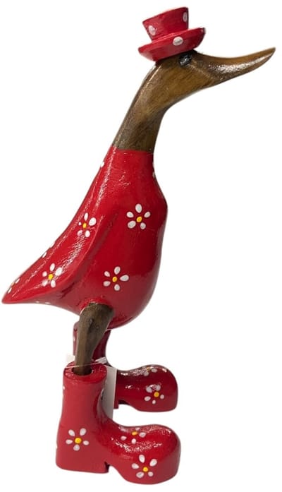 Handgemaakte Houten Eend “Flowershoes” Rood – Decoratieve Indonesische Eend met Bloemenprint (H26 × B10 cm)