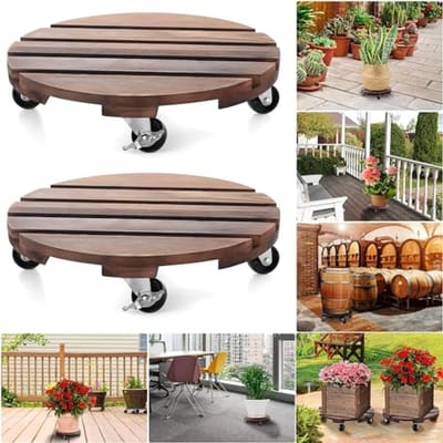 Houten Plantenstandaard met Wielen - Set van 2 - Voor Binnen en Buiten - Sterke Plantenwagons Met Antislip Wielen