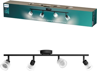 Philips Horen Opbouwspot - LED GU10 fitting - Richtbaar - 4 lichtpunten - ClickFix - Zwart met geribbeld glas