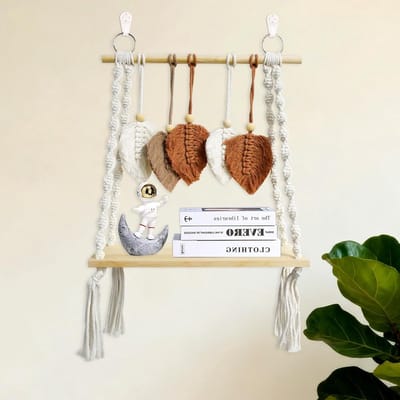 Muurplank 40 cm, Boho Macramé Decoratie, Handgeweven met Fringes en Bladeren voor Badkamer en Hal, Drijvende Wandplanken van Hout, Interieur Accessoires