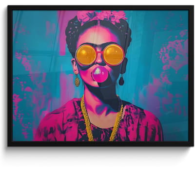 Poster in lijst - Fotolijst 70x50 cm - Posters - Vrouw - Kauwgom - Zonnebril - Oranje - Posterlijst zwart - Decoratie - Wanddecoratie woonkamer - Muurdecoratie slaapkamer