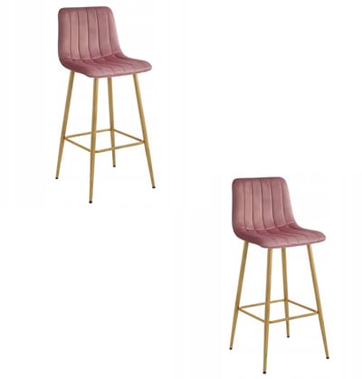 Set van 2 Barkrukken POZZA - Donker Roze Fluweel - Eikenlook Metalen Poten - Moderne Barkruk met Rugleuning