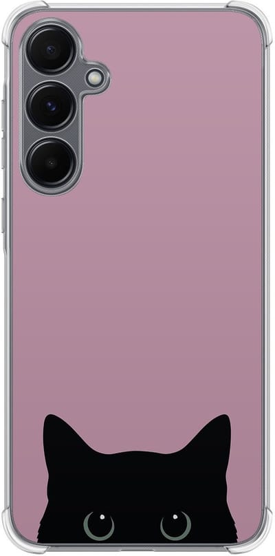 Hoesje (shockproof) geschikt voor Samsung Galaxy A15 - Zwarte kat - Extra sterke case - TPU/polycarbonaat - Print - Roze, Transparant