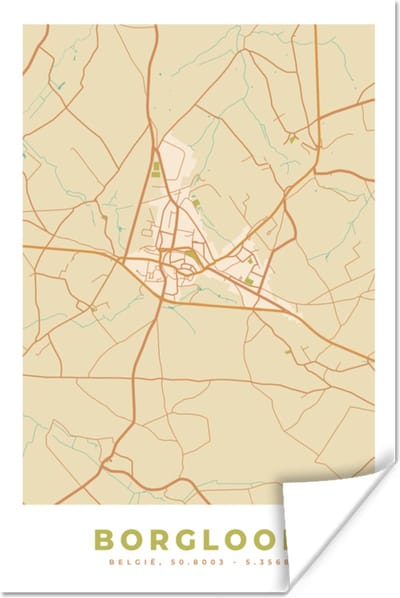 Poster Kaart - Borgloon - Stadskaart - Vintage - Plattegrond - 120x180 cm XXL