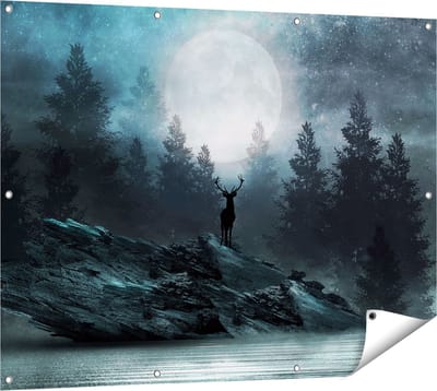 Gards Tuinposter Hert op een Rots tijdens Volle Maan - 120x90 cm - Tuindoek - Tuindecoratie - Wanddecoratie buiten - Tuinschilderij