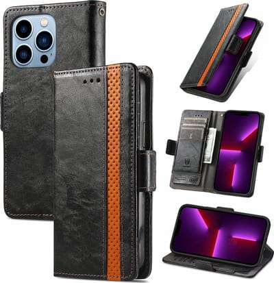 Stijlvol Tweekleurig PU-leer Wallet Flip Case voor iPhone 13 Pro _ Zwart