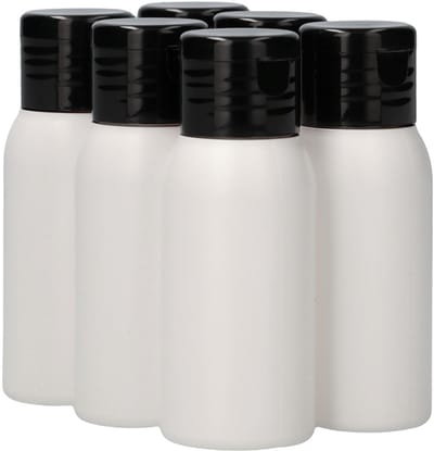 6 x 50 ml ronde fles HDPE wit + Klepdop zwart - BPA Vrij - Niet Breekbaar - Plastic Flesjes Navulbaar - Met Dop - Lege Flessen - 6 stuks