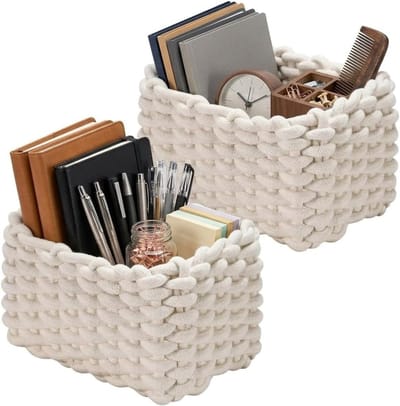 Opbergmand van katoen, gevlochten mand, voor toiletpapier, cosmetica, speelgoed, woonaccessoires, 19 x 15 x 12 cm, wit, 2 stuks