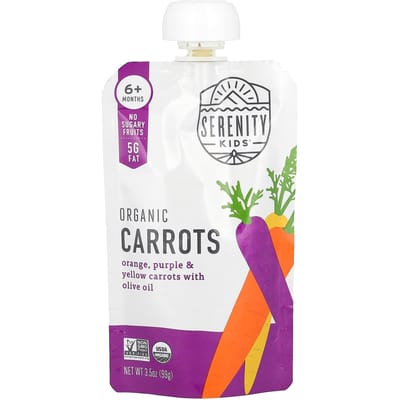 Serenity Kids, Carottes Biologiques, 6 mois+, Carottes Orange, Violettes et Jaunes, à l'Huile d'Olive, 3,5 oz (99 g)