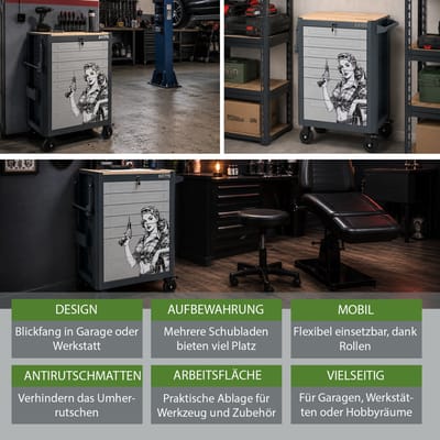 TRUTZHOLM-werkplaatswagen-retro-motief-99x82 cm-gereedschapswagen-7 lades-houten blad-verzonken handgrepen