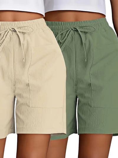 Livano Korte Broek Dames - Spijkerbroek - met Zakken - Volwassenen - Jongens - Shorts - 2 Pcs - Beige + Groen - Maat S