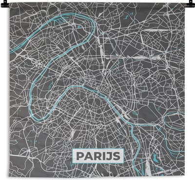 Wandkleed - Wanddoek - Parijs - Stadskaart - Blauw - Kaart - Plattegrond - 180x180 cm - Wandtapijt