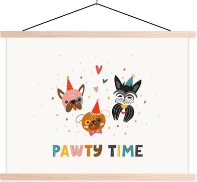 Posterhanger incl. Poster 120x90 cm - Schoolplaat - Honden - Quotes - Spreuken - Pawty time - Textielposter - Blanke latten