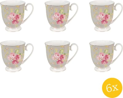 Clayre & Eef Mok set van 6 stuks 290 ml Groen Wit Porselein Rond Bloemen Koffiemok