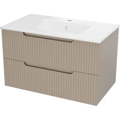 Aurlane Wastafelonderkast Emilien 50cm - Glansbruin - Met 2 Lades - Met Mat Witte Wastafel