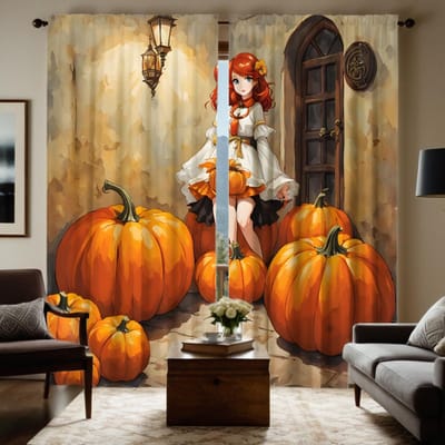 2 pièces HD Arrière-salle Citrouille dessin animé Fille rideau Jaune attache rideau imprimé numérique Décoration de la maison style Décorer salon W52H63inchW132H160cm orange
