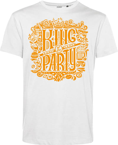 T-shirt King Of The Party | Koningsdag kleding | Oranje Shirt | Wit | maat XS