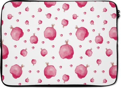Laptophoes 14 inch - Granaatappel - Roze - Sjablonen - Waterverf - Laptop sleeve - Binnenmaat 33x23 cm - Zwarte achterkant