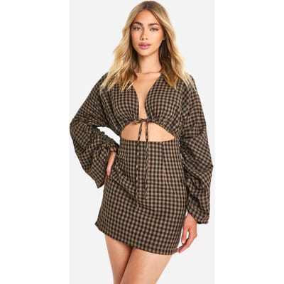boohoo Dames Gingham mini-jurk met volumineuze mouwen | Bruin | Maat: 36