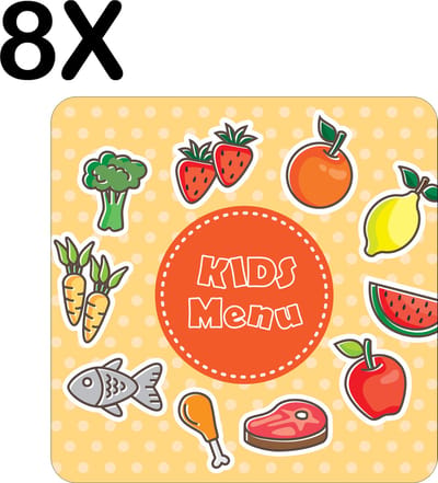 Luxe Placemat - Kids Menu met Groente Fruit en Vlees - Set van 8 Placemats - 50x50 cm - 2 mm dik Vinyl - Anti Slip - Afneembaar