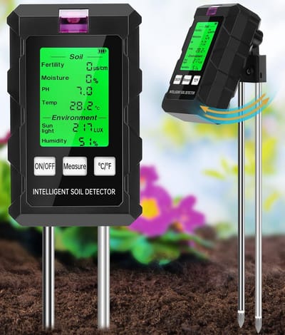 6-in-1 Bodemtester met pH, Vocht, Temperatuur, Licht en Voedingsstoffen voor Tuin en Gazon