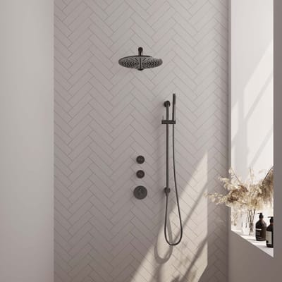 Brauer Gunmetal Edition thermostatische inbouw regendouche SET 14 met 30 cm douchekop en rechte muurarm en staaf handdouche en doucheslang en geïntegreerde glijstang gunmetal geborsteld PVD