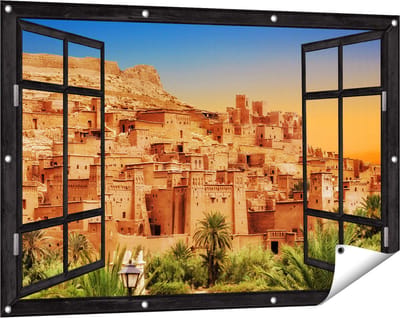 Gards Tuinposter Doorkijk Kasbah Ait Ben Haddou Stad in Marokko - 120x80 cm - Tuindoek - Tuindecoratie - Wanddecoratie buiten - Tuinschilderij