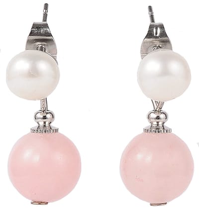 Zoetwaterparel met edelstenen oorbellen Pearl Stud Rose Quartz - oorstekers - echte parels - rozenkwarts - wit - roze - luxe sieraden zakje - oorknopjes - parel oorbellen dames