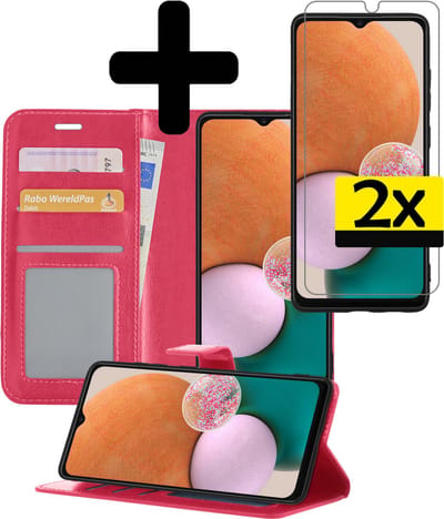 Hoesje - Met 2x Screenprotector - Geschikt voor Samsung Galaxy A13 5G - Luxe Pasjeshouder - Bookcase Portemonee - Flip Case - Kunstleer Book Case - Flipcase Hoes - Book Cover - Walletcase - Portemonneehoes - Telefoonhoesjes - Donkerroze