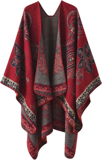 Dames oversized poncho cape met bloempatronen - warme sjaal en deken jas - 130 x 160 cm, Rood, one size