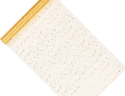 Organza goud glitter met gouden stippen, rol 0.36cm x 9 mtr