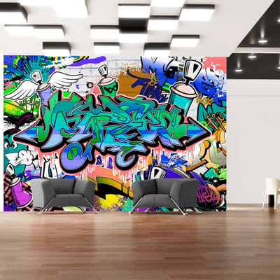 200cm X 140cm - Fotobehang - Graffiti: Chaos in Blauw, premium print vliesbehang