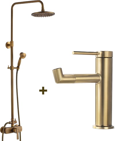 Auralum Max Regendouche - Vintage Doucheset - Met 360° Draaibare Wastafelkraan - Regendouche en Handdouche - Goud - Messing & RVS - Waterbesparend - Waterbesparend - Installatie materiaal