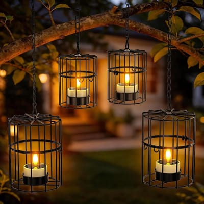 Dailygoods - Set van 4 Hangende Lantaarns op Zonne-energie voor Buiten - Waterdichte Metalen Lantaarns