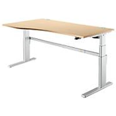 Comfortabel bureau, elektrisch in hoogte verstelbaar, vrije vorm, bevestiging links, C-poot, B 1800 x D 1000/800 x H 655-1305 mm, ahorn/blank aluminium