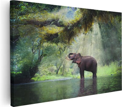 Artaza Canvas Schilderij Olifant In Rivier - 30x20 cm - Klein - Wanddecoratie Dieren - Muurdecoratie Woonkamer - Kamer Accessoires