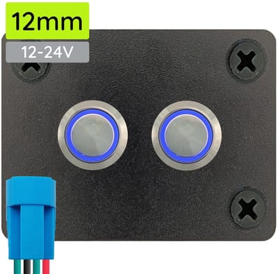 ProRide Metalen Drukschakelaars ON-OFF 12-24V - 12mm - tweevoudig inbouwpaneel - IP67 - LED indicatie Blauw