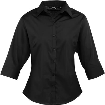 Premier Dames/Dames Poplin 3/4 Mouw Shirt (Zwart)