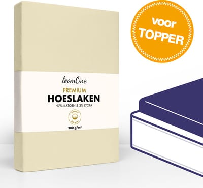 Loom One Premium Topper Hoeslaken – 97% Jersey Katoen / 3% Lycra – 140x200 cm – tot 12cm matrasdikte– 200 g/m² – Natural / Crème
