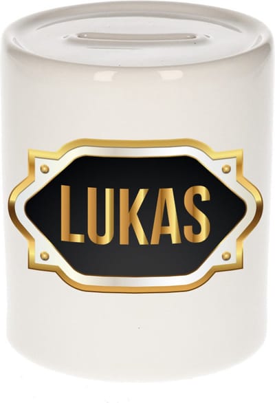Spaarpot met voornaam Lukas - wit - met goud/zwart embleem - 8 x 9 cm - keramiek - met afsluitdop - cadeau verjaardag