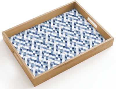 Dienblad hout 40x30 cm - Schootdienblad - Diamant - Patroon - Blauw - Wit - Borrelplank rechthoek - Plateau dienbladen