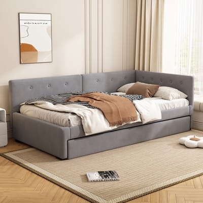 Wishdor Bedbank 90x200 & 90x190 cm - Gestoffeerd Bed met Rolbed - Luxe Fluweel Logeerbed voor Logeerkamer - Minimalistisch Grijs