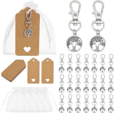 MK Stoer -24 sets Feestgunsten - Sleutelhanger - Zilver - Levensboom - Organza Geschenkzakjes - Viering van het Leven - Kerstmis Bruiloft Familie Reünie