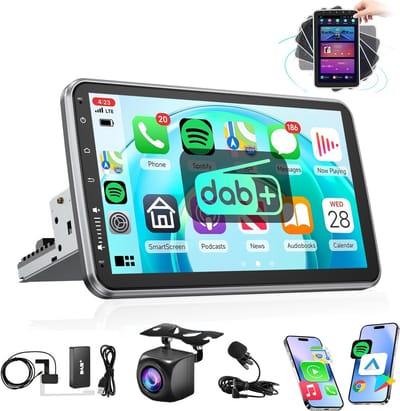 ESSGOO DAB+ 1Din Autoradio - Android 15 4+64GB - Apple Carplay & Android Auto (Draadloos) - 10.1 Inch IPS HD Draaibaar Touchscreen - GPS Navigatiesysteem - Bluetooth, USB, WIFI, SWC - AHD Achteruitrijcamera