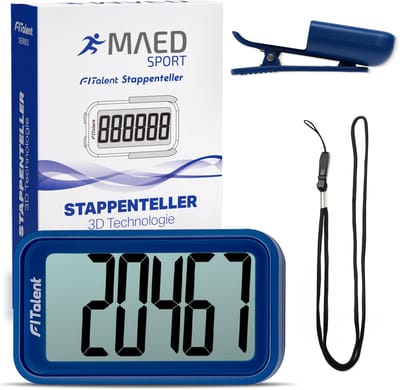 MAED Sport ® Stappenteller Clip en Draagkoord – 3D Sensor – Broekzak Pedometer – Groot Scherm – Kind/Dames/Heren – Blauw