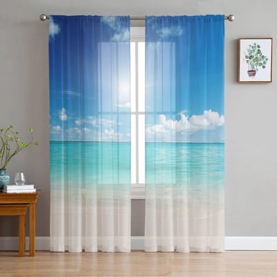 Zee Strand Geleidelijke Blauwe Khaki Voile Transparante Gordijnen Voor Woonkamer Raam Chiffon Tule Gordijn Keuken Slaapkamer Gordijnen Woondecoratie 135W x 114H(cm)