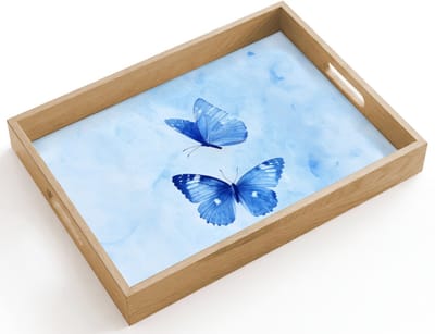 Dienblad hout 40x30 cm - Schootdienblad - Vlinders - Sierlijk - Blauw - Borrelplank rechthoek - Plateau dienbladen